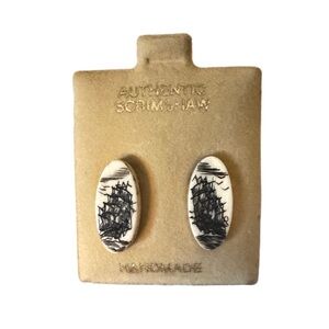 Vintage - Authentic Scrimshaw Etched Multi-Masted Ship Oval Stud Earrings